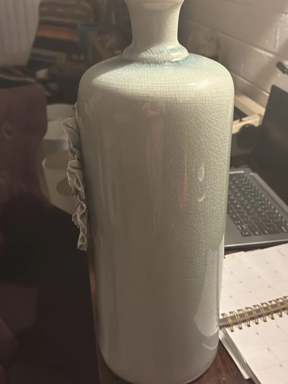 Decorative Ceramic Bottle Vase with Sculpted Flower crackle paint ,Pale Mint .